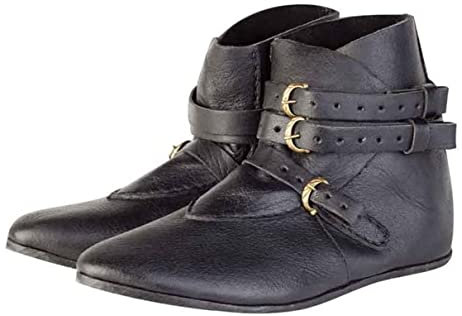 Retro Ritter Stiefeletten für Frauen und Männer - 1 Paar Wikinger Schuhe - PU Leder Mode Stiefel für Cosplay, Schwarz, 44