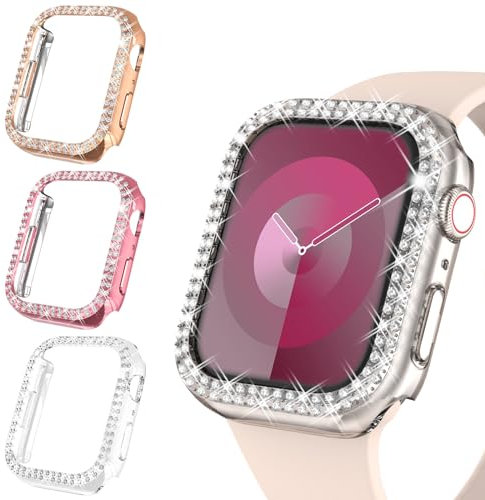 WINGLE 3Pack Women Bling Cases Compatible with Apple Watch 40mm SE 3 2 1/ Series 6 5 4,Shiny Diamond Protective Cover frame Without Protective Film for Apple Watch Case 40mm,Rose Gold/Pink/Clear