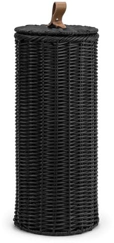 Woodluv Round Handwoven Polypropylene Lidded Toilet Roll Holder, Loo Roll Keeper, Storage Organiser, Storage Basket With Lid, Freestanding Unit, For Home, Bathroom - Black, Dia. 18cm x 40 cm (H)