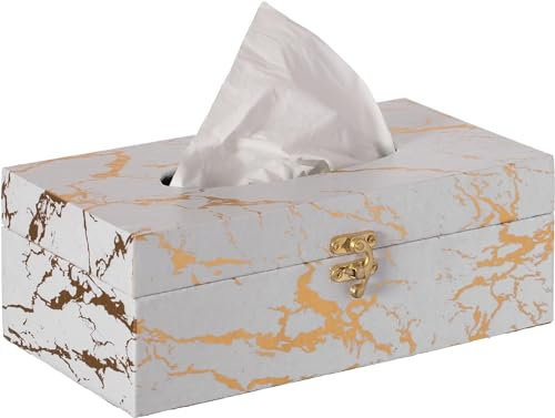 UPPER DECOR Weiße und goldene Marmor-Tücherbox-Abdeckung für Kleenex-Box, moderner Taschentuchbox-Halter mit Schloss für Badezimmer, Schlafzimmer und Wohnzimmer, rechteckige Form, Trockner,
