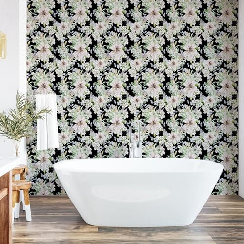 ABAKUHAUS Retro Blumenmuster abziehbare & klebbare Tapete für Zuhause, Lilien Beeren Romantik, selbstklebendes Wohnzimmer Küchenakzent, 33 cm x 250 cm, Laurel Grün Schwarz Weiß