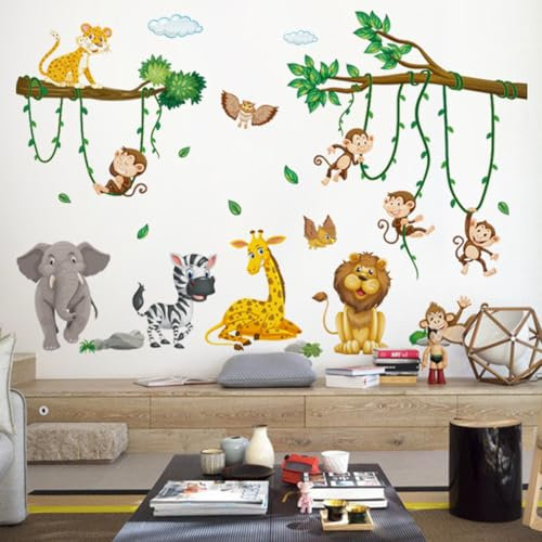 Wandsticker Kinderzimmer Wandsticker - Wandaufkleber Dschungel Waldtiere Bäume Hirsch Elefant Affe Einsatz in Wohnzimmer Wanddeko 0205