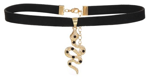 JewelryWe Schlange Halsband Samt Choker: Punk Gold Schlange Anhänger Halskette Kette Kurze Schwarze Samt Halskette Stretch Band Kragen Halskette Gothic Schlangenhalskette Schmuck für Frauen Mädchen