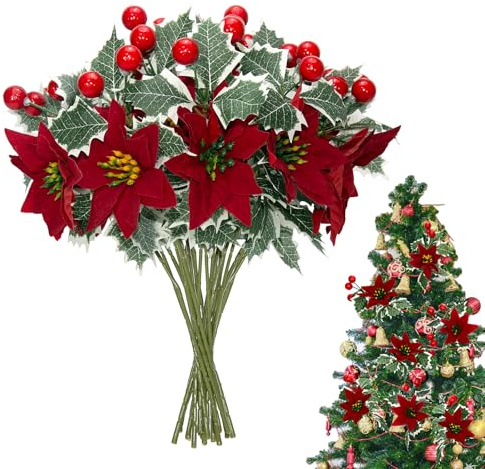 canddy Künstliche Weihnachtssterne mit roten Beeren und grünen Blättern, 32,6 cm, Weihnachtsstiele, roter Weihnachtsstern, Blumenstrauß für Zuhause, Party, Urlaub, Dekoration, 12 Stück