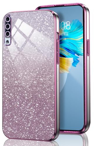 GOGME Glitter Coque pour Samsung Galaxy A50 Étui, Antichoc Housse Cadre Galvanisé TPU Paillettes/TransparentRésistant Aux Rayures Étui, Rose