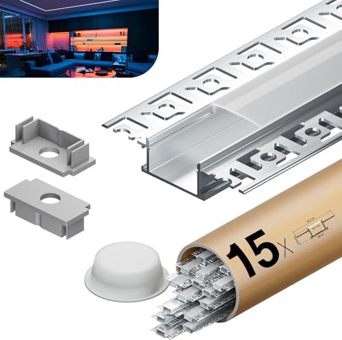 KOSOOM Profile Alu pour Ruban LED 2 m x 15 pièces 30 m, Avec couvercle mat Profilé LED Encastrable Dimensions 28 mm x 13,8 mm Supporte les Bandes d'une Largeur inférieure ou égale à 20,2 mm