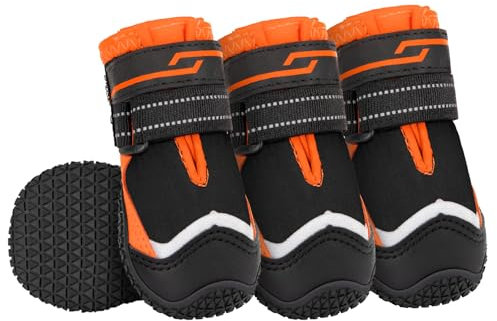 Eyein Hundeschuhe Pfotenschutz, 4 Stück Wasserabweisend Hundeschuhe mit Rutschfester Sohle und reflektierendem Klettverschluss für kleine, mittlere und große Hunde, Sport im Freien, Orange, Größe 8