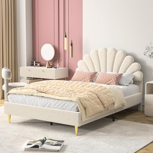 KeepGoon Doppelbett 140x200 cm,Polsterbett mit Kopfteil in Blumenform und Lattenrost, stabilerBettrahmen,Kinderbett,Jugendbett,hautfreundlichem Samtstoff,Mädchen Bett Flaches Bett