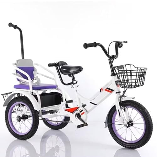LSQXSS Tandem-Dreiräder mit Rücksitz, Rücksitz mit Gurt und Armlehne, Eltern-Schiebedreirad mit Schiebegriff, Einzelbremse, Aufsitzdreirad mit Pedalen, Vorder- und Hinterkorb, 3-Rad-Fahrrad