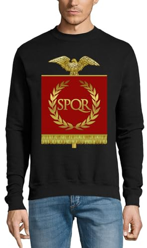 SPQR - Felpa in cotone con bandiera rossa dell'impero romano, colore: nero, Nero , XXL