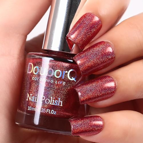 DouborQ Holographic Nail Polish Nail Art Varnish Fingernail Polish Laser Chrome Halo Manicure Art Salon (Laser Red, 10 ml)