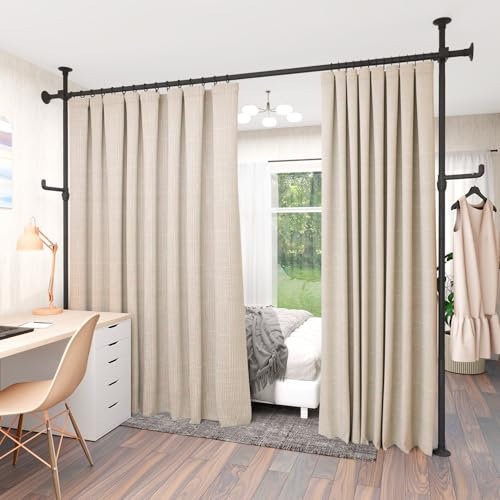 KELIXU Room Divider Curtain Rod No Drilling, 4-10ft (W) x 4-10ft (H) Room Partition with Hanging Hooks, Floor to Ceiling Divider for Room Separation, Adjustable Heavy Duty Tension Rods, Black