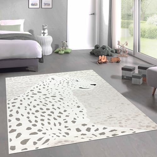 CARPETIA Kinderteppich Leopardenmuster Creme Grau 3D-Effekt 160x230 cm | Pflegeleicht, strapazierfähig, hautsympathisch und schadstofffrei, OEKO-TEX geprüft, für Fußbodenheizung & Kinderzimmer