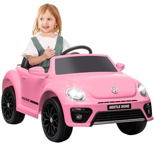 AIYAPLAY Volkswagen Beetle Licensed Ride on Car, 12V Battery Powered Kids Electric Car with Remote Control, 4 Spring Suspension Wheels, Soft Start, HeadLights, FM Radio, Music, Horn, Pink