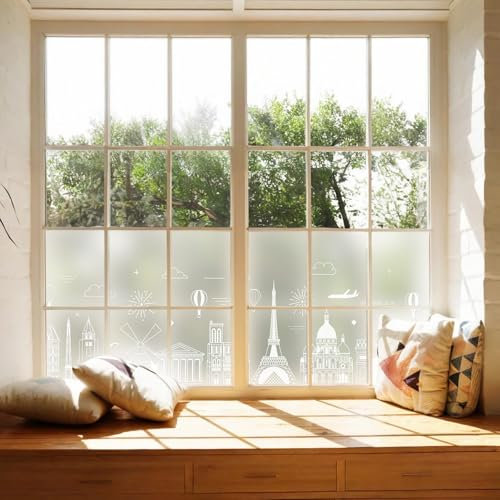 dktie Window Film Privacy Film Decorative Window Film White City Building Opaque Frosted Glass Film Electrostatic Adsorption, No Glue, Anti-ultraviolet, Privacy Protection, Anti-glare 44.5x200cm