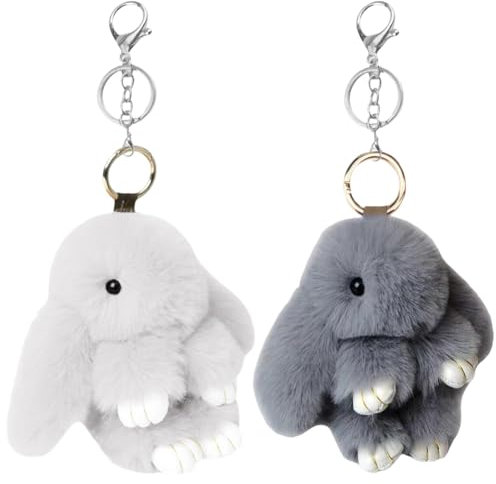 2PCS Adorable Porte-clés Lapin en Peluche,Clés En Fausse Fourrure Porte Clés Mignon En Peluche Lapin Porte,Décoration de Pompon en Peluche (Gris et Gris Clair)