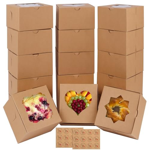 FORETOGO 18 Pcs Brown Cupcake Boxes,Paper Biscuit Box with Three Shapes of Windows and 24 Stickers Bakery Box,Foldable Cake Boxes for Pastries Biscuits Desserts Confectionery (10×10×6.5cm)