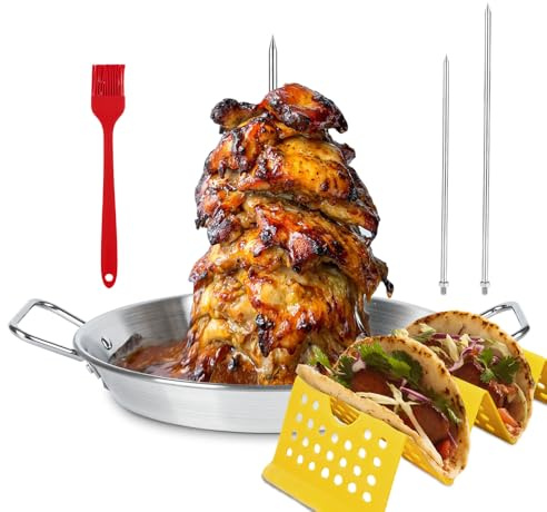 BBQ verticale spiedo pan in acciaio inox Gyro Spit Shawarma Stand per forno, Al Pastor Spiedo per Grill, El Pastor Hack per Tacos Al Pastor Pollo, Brasiliano, con 8 10 bastone