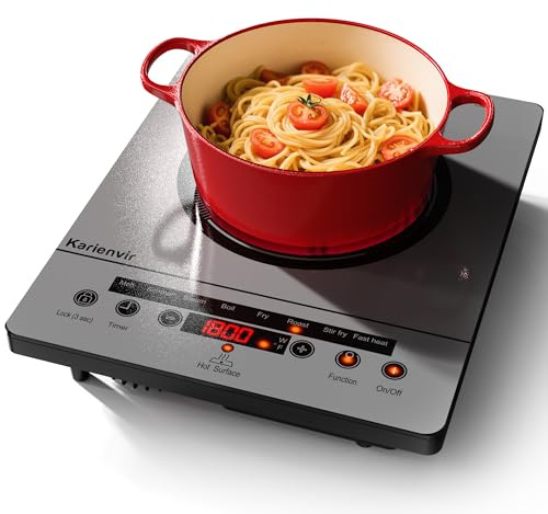 Karienvir Single Burner Portable Ceramic Electric Hob Plug in(Gray), 1800W | 28*36 CM, 8 Cooking Functions, 9 Heating Levels, Hot Warning, Suitable for Most Cookware, Ideal for Backyard, Camping or RV