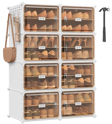 SONGMICS Schuhregal mit 8 Fächern, Schuhschrank, 30 x 45 x 30 cm pro Fach, durchsichtige Tür, Metallrahmen, für 32 Paar Schuhe, Flur, Schlafzimmer, wolkenweiß-transparentes Braun LPC054WH01