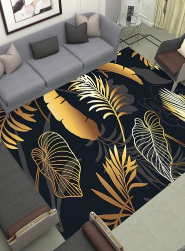 Teppich Wohnzimmer Schwarze Und Goldene Blätter Teppich Schlafzimmer,Wohnzimmerteppich Super Soft,Waschbarer,Anti-Rutsch Unterseite, Kurzflor Strapazierfähig,Modern Rug Pflegeleicht