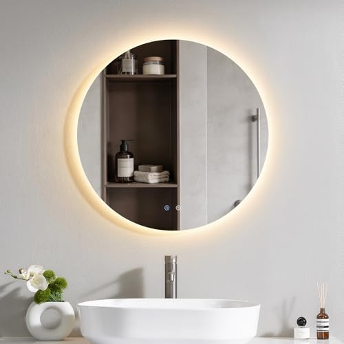 ANNWA Badezimmerspiegel Led Badspiegel Rund,Touch-Schalter, LED Spiegel mit 3 Lichtfarben dimmbar,Memory-Funktion,beschlagfrei,Badezimmerspiegel mit Licht,LED Wandspiegel mit Licht 70X70cm(NHYJ702D)