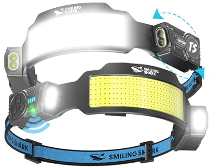 Smiling Shark Stirnlampe, 2 Stück Superhell Stirnlampen LED Wiederaufladbar mit 6 Breitstrahl & Einstellbar Spotlight Bewegungssensor 2400 mAh Akku 6 Modus Kopflampe für Joggen Wandern Camping