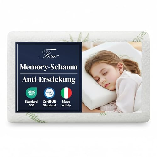 Ferò Anti-Erstickungs Kinderkissen 30x50x5,5 cm aus Memory-Schaum, Oeko-TEX® und CertiPUR™, Nackenkissen Kinder mit abnehmbarem Aloe-Vera-Bezug, atmungsaktives Kinderkopfkissen, Made in Italy