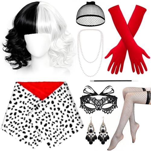 Hysagtek Cruella De Vil Kostüm - 9 Stück Schwarze Und Weiße Cruella Deville Kostüm Damen mit Perücke Maske Perlenketten Ohrringen Schal Netzstrümpfe, für Karneval Cosplay Mottoparty