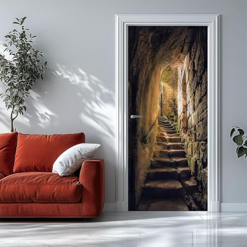Türtapete Selbstklebend 90x200 Fenster Türfolie Türposter Steintreppe Retro-Architektur Türklebefolie Wandbild Türaufkleber Wandtapete 3D Effekt für Wohnzimmer Schlafzimmer Küche