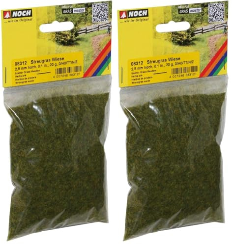 Noch Herbe répandue Prairie, avec Herbe Statique, 2,5 mm pour écarteurs H0, N, TT, idéal pour Les paysages d'été, Vert (Lot de 2)