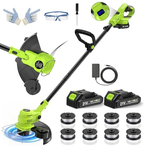 VOERJIA 21V Tagliabordi elettrico a batteria con schermo LCD, ruote (30 cm), alimentazione automatica del filo, 8 bobine incluse, testina regolabile e multifunzionale (Linea Pro Giardino)