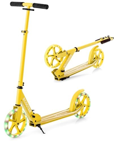 COSTWAY Vikbar sparkcykel, höjdjusterbar, cityroller, 100 kg bärkapacitet, sport kickscooter, kickscooter med 2 LED-hjul och ABEC-7 kullager (gul)