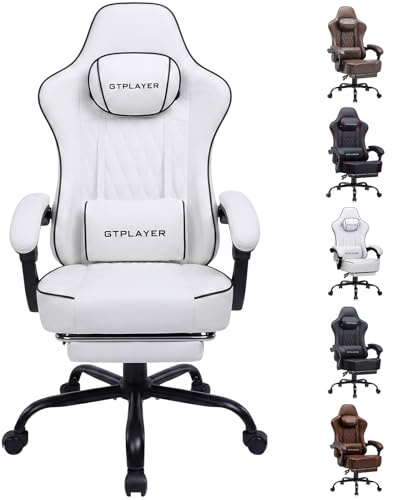 GTPLAYER Gaming Stuhl, Bürostuhl, Ergonomischer PC Stuhl, Höhenverstellbarer Drehstuhl,Armlehnen mit Synchronmechanik, Lendenkissen, Kopfkissen, bis 150 kg Belastbarkeit, Kunstleder, Blanc