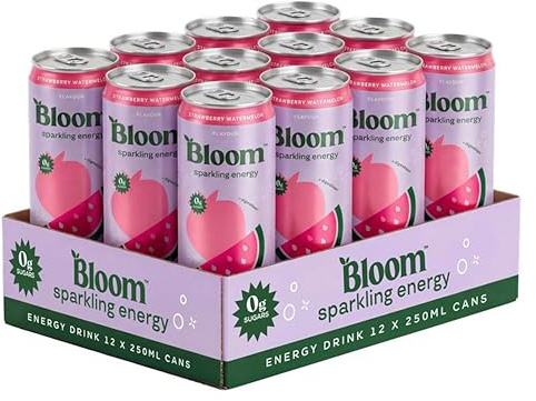 Bloom Nutrition Boisson énergisante pétillante Fraise-Pastèque 250ml (lot de 12), Boisson énergisante sans sucre contenant 80 mg de caféine, des vitamines C, B3 et B5, hypocalorique et multivitaminée