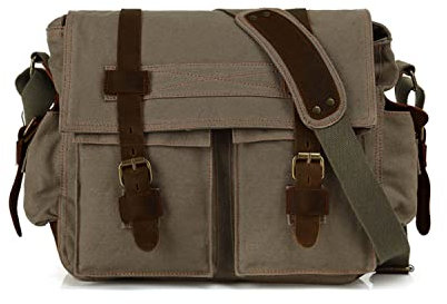 FANDARE Neu Retro Messenger Bag Umhängetasche Schultertasche 14 Zoll Laptoprucksäcke Herren Frauen Tasche Kuriertasche Multifunktions Canvas Armee Grün