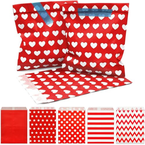 Frau WunderVoll® 100 PAPIERTÜTEN ROT, Herzen 13 x 16,5 cm, 45 Gramm Papier, flach/Candy Bar, Hochzeit, Kindergeburtstag, Papiertütchen, Candybag, Tüten, Mitgebseltüten