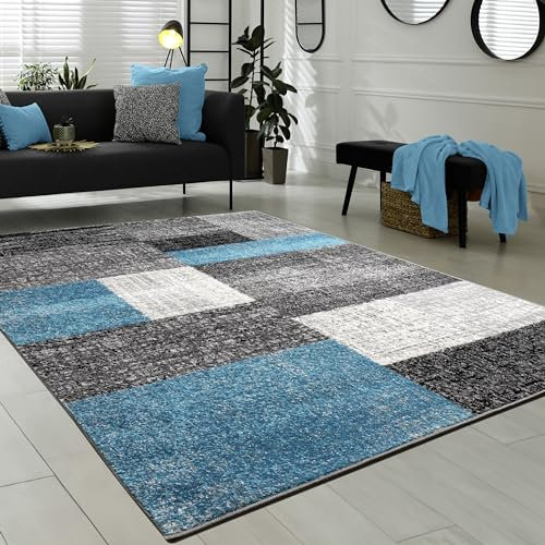 Paco Home Wohnzimmer Teppich Modern Kurzflor Karo Design Used Look Türkis Grau Weiß, Grösse:80x150 cm