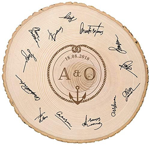 Casa Vivente Große Baumscheibe mit Gravur Anker und Knoten Personalisiert mit Initialen und Datum, Monogramm, Türschild aus Holz, Gästebuch Hochzeit, Hochzeitsgeschenke für Brautpaar