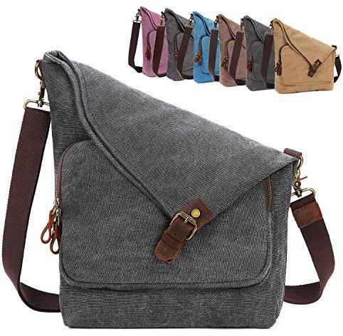AmHoo Umhängetasche, Segeltuch, für Damen, echtes Leder, Messenger Handtasche, Schultertasche, Hobo Totes Unisex, Schwarz (schwarz), Medium