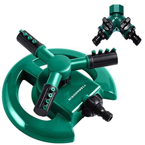 WISDOMWELL Garden Sprinkler Automatic Lawn Water Sprinkler 360 Degree 3 Arm Rotating Sprinkler System for Watering Your Lawn Plants Flowers Veggies and More (1Sprinkler and double-pass)
