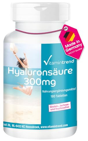 Vitamintrend Hyaluronsäure 300 mg Tagesbedarf, 180 Tabletten, hochdosiert, Nahrungsergänzungsmittel vegan ohne Magnesiumstearat, in Deutschland hergestellt