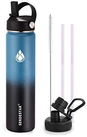 SENDESTAR Water Bottle 24oz Double Wall Vacuum Insulated Leak Proof Stainless Steel Sports Water Bottle—Wide Mouth with New Flex Straw Lid & Spout Lid (Deep Blue&Black)