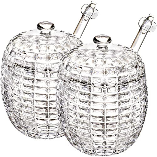 ZEAYEA 2 Pack 230 ml/8 oz Honey Jar with Dipper and Lid, Glass Honey Pot Container, Clear Honey Holder Dispenser for Home Kitchen, Beehive Honeys Dish for Store Honey and Syrup, Dishwasher Safe