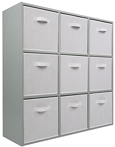 Charles Jacobs Grey 9 Cube Storage Shelving Unit + 9 White Fabric Drawers