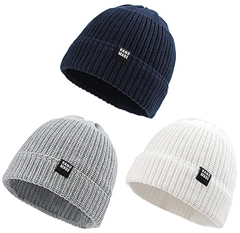 Pesaat Baby Mütze Jungen Strickmütze Weiche Baumwolle Mädchen Hut Kinder Schlupfmütze Warme Wintermütze 0-5 Jahren Winter,Herbst (6-24Monate, Weiß + Hellgrau + Marine)
