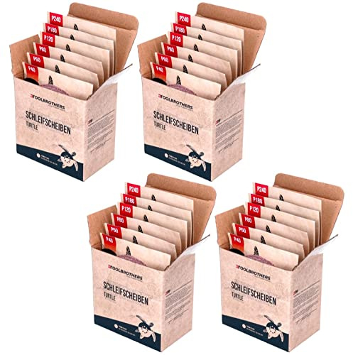 Toolbrothers TURTLE Schleifset 4 Packungen 240x Schleifscheiben 125mm Klett 8 Loch je 40x P40 / P60 / P80 / P120 / P180 / 240 für Hartholz, Weichholz, Lack, Stein, Stahl, Aluminium, Furnier