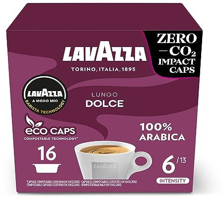 Lavazza, A Modo Mio Lungo Dolce, 96 Coffee Capsules, with Aromatic Notes of Dried Fruits, for a Sweet Espresso, 100% Arabica, Intensity 6/13, Medium Roasting, 6 Packs of 16 Compostable Coffee Pods