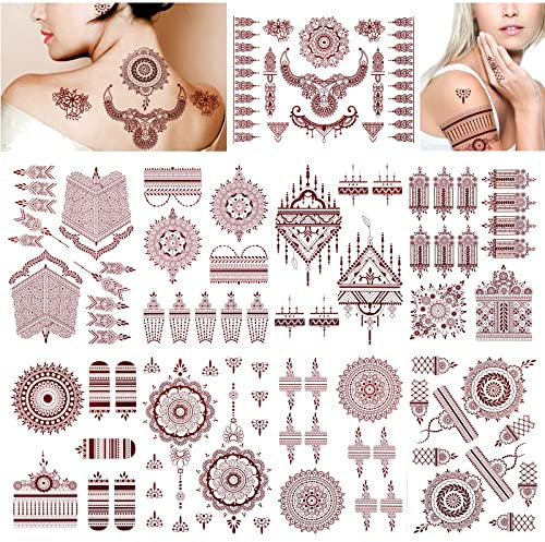 DPKOW Braunrotes Spitze Temporäre Tattoos Set für Hand Arm Körperkunst, 9 Blätter Mandala Blume Klebe Tattoos für Erwachsene Frauen Mädchen, Wasserfest Fake Tattoo Aufkleber für Eid Hochzeit Zubehör
