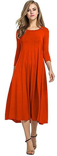 Womens Ladies Plain Jersey Swing Dress Casual Long Sleeve Midi Dress Skater UK Size (Red, 16-18)
